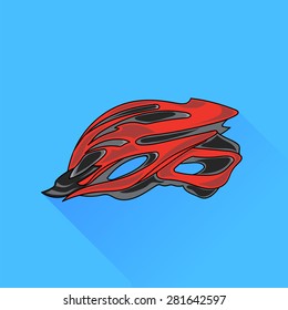Vector Red Bike Helmet Isolated on Blue Background.