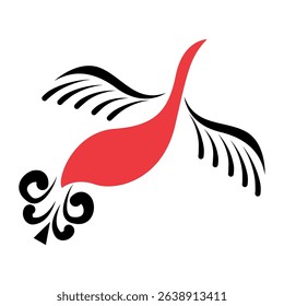 Vector red bird drawn in mezensky style. Mezen painting. Mezensky style. Illustration of red bird in geometric art style isolated on white background