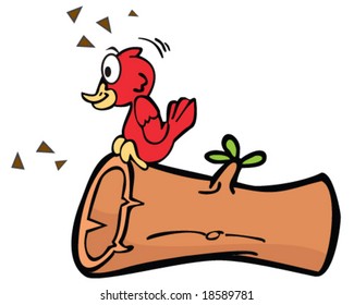 vector red bird pecking at hollow log