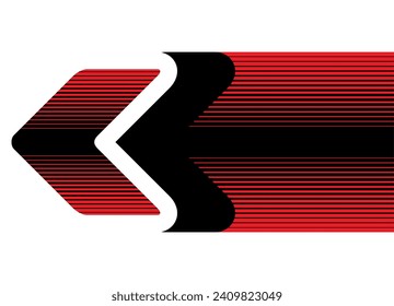 Flecha vectorial roja y negra sobre un fondo blanco. Puntero. Líneas. Patrón rayado. Fondo vectorial de moda.