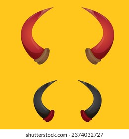 vector Red and black devil, demon, satan horns isolated on orange background. Halloween evil horns set and collection
