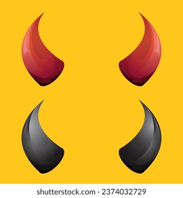 vector Red and black devil, demon, satan horns isolated on orange background. Halloween evil horns set and collection