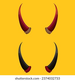 vector Red and black devil, demon, satan horns isolated on orange background. Halloween evil horns set and collection