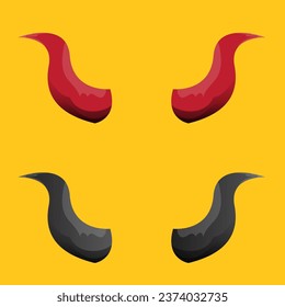 vector Red and black devil, demon, satan horns isolated on orange background. Halloween evil horns set and collection