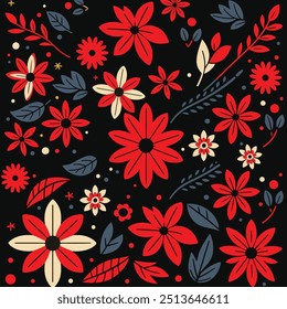 vector red and black floral background, flowers and leaves in blue and red colors on a black background