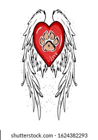 Vector red black heart grunge love symbol drawing illustration with light wings and cat or dog pet footprint paw mark isolated on white background.Print for t shirt.Valentines day gift card.Sticker.