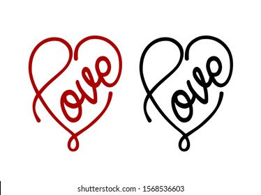 Vector red and black hearts drawn silhouette symbol sign with text love,isolated on white.For Valentine's Day, Mother's, Father's day,wedding,I love you message.Continuous unbroken line word lettering
