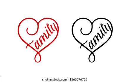 Vector red and black hearts love symbol with family text isolated on white background.For Valentine's Day, Mother's, Father's day,wedding,I love you message.Continuous unbroken line word lettering,