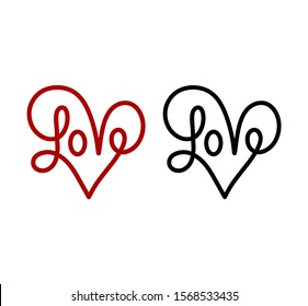 Vector red and black hearts silhouette symbol sign with text love,isolated on white.For Valentine's Day, Mother's, Father's day,wedding,I love you message.Continuous unbroken line word lettering.