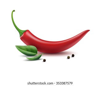 Vector Red and Black Peppercorn Hot Chili Pepper with Peppermint Leaves Isolated on White Background