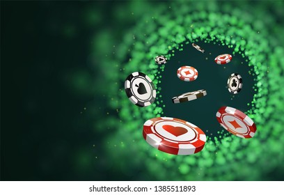 Vector red and black poker chips on green blurred lights background. Online casino web banner