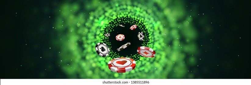 Vector red and black poker chips on green blurred lights background. Online casino social media web banner