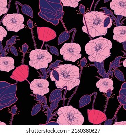 Vector red black Poppy Flower seamless pattern background with poppy flowers, blossom, leaves