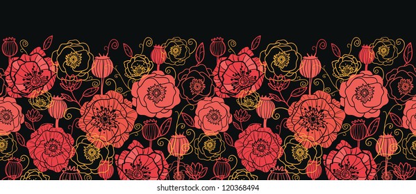 Vector red and black poppy flowers horizontal seamless ornament pattern background with hand drawn floral elements.