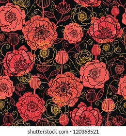 Vector red and black poppy flowers seamless pattern background with hand drawn floral elements.