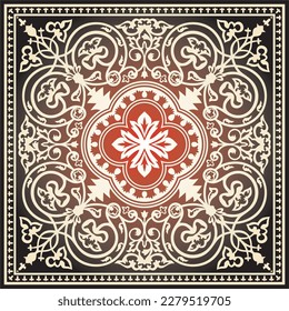 Vector red and black square byzantine ornament. Tiles of ancient Greece and the Eastern Roman Empire. Decoration of the Russian Orthodox Church.
