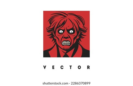 Vector red black square logo. Portrait of a terrible dead man with bulging eyes. Sticker, icon or emblem.