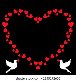 Vector red, black and white retro vintage heart shaped border photo frame of hearts with loving doves couple pigeons silhouette. Template for Valentines day, wedding invitation, scrapbook ornament.