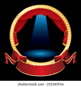 vector red blank banner on blue circle stage with blue spotlights