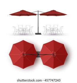 Vector  Red  Blank Patio Double Outdoor Beach Cafe Bar Pub Lounge Restaurant Round Umbrella Parasol  for Branding Top Side View Mock up Close Isolated on White Background