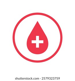 Vector Red Blood Drop Silhouette with Plus Flat Icon Design on White Background. Blood Donation, Health Care and Medicine Symbol with Cross.	