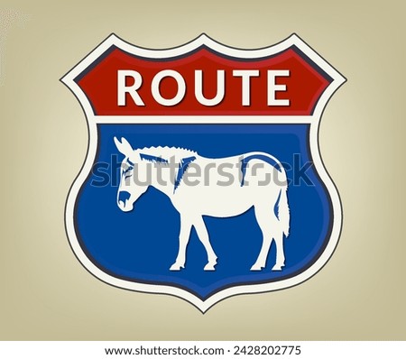 Vector red blue American road sign in the form of a shield. Inscription, route and white silhouette of a donkey. Icon, sticker or badge.