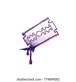 vector red blue anaglif black work tattoo dot art hand drawn engraving style cutting blade razor with blood drops illustration isolated white background