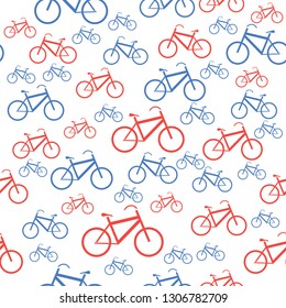 Vector Red Blue Bicycle Silhouette Seamless Pattern on White Background