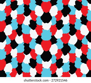 Vector red, blue and black and white seamless pattern from brush strokes. Unusual painted blot design. Rich texture, vibrant CMYK color mode. For gift paper, birthday card, fabric. Vector illustration