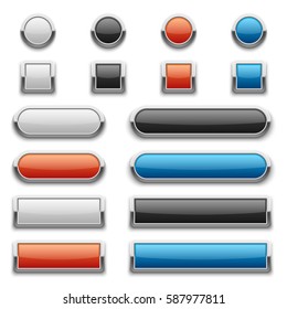 Vector red, blue, black and white glossy buttons with shiny metal frame