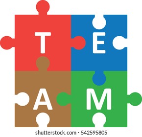 Vector red blue brown green jigsaw puzzle pieces forming team.