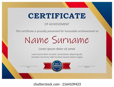 Vector red, blue and gold certificate template