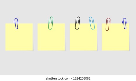 Vector red blue and green paperclips on yellow empty blank office note paper. Fastener for memo text