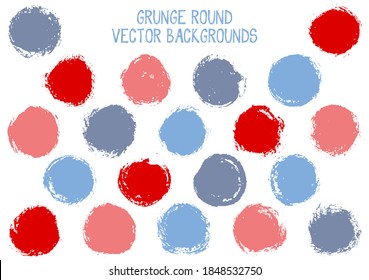Vector red blue grunge circles isolated. Vintage post stamp texture circle scratched label backgrounds. Circular tag, ink logo shape, round button elements. Grunge round shape banner backgrounds set.
