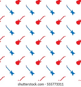 Vector Red Blue Guitar Silhouettes Seamless Pattern on White Background