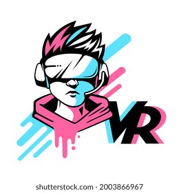 Vektorroter und blauer Logo Kopf mit virtuellem Reality Helm auf weißem Hintergrund mit Buchstabe vr. Line Art flaches Design vr Benutzer Avatar