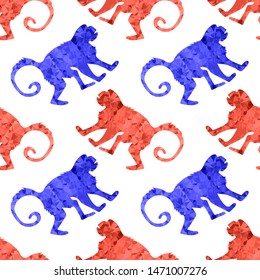 Vector Red Blue Monkey Seamless Pattern Isolated on White Background. Wild Tropical Mammal Animal Ape Icon. Symbol of Zodiac. Low Poly Design. Gorilla Polygonal Silhouette.