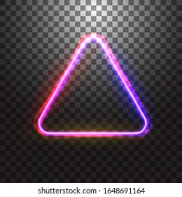 Vector red and blue neon glowing triangle frame with round corner. Isolated on transparent background. 