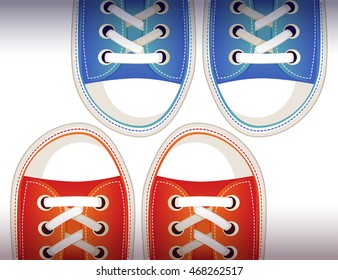 Vector red and blue pair of sport sneakers. Top view of sport footwear for him and for her