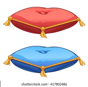 Vector red and blue satin pillows with gold tassels 