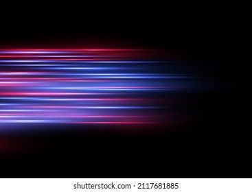 Vector red and blue special effect. Glowing abstract glittering police line. Laser beams, horizontal light rays. Luminous stripes on a black background. Abstract fire flare trace lens flares.