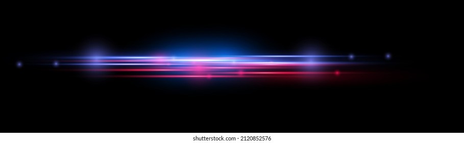 Vector red and blue special effect. Glowing abstract glittering police line. Laser beams, horizontal light rays. Abstract fire flare trace lens flares. Luminous stripes on a black background. 