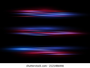Vector red and blue special effect. Glowing abstract glittering police line. Laser beams, horizontal light rays. Luminous stripes on a black background. Abstract fire flare trace lens flares.