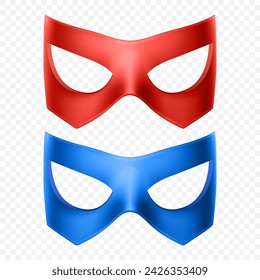 Vector Red and Blue Super Hero Mask Set. Face Character, Superhero Comic Book Mask Closeup. Superhero Photo Prop, Carnival Face Mask, Glasses. Comic Book Concept for Costume Parties and Events