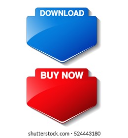 Vector red and blue web arrow button. Download and Buy now label.