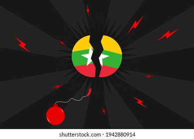 Vector - Rote Bombe zerstörte Myanmar (Burma) Land. Protest Demokratie, Anti-Regierung, Freedom Konzept. Kopiert Platz.