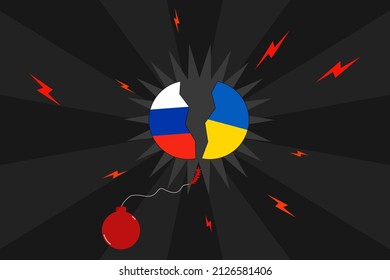 Vector - Red bomb broker 2 country, Russia and Ukraine on black background. Copy space. Cartoon style. Broken relationship.