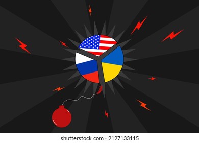 Vector - Tercer país intermediario de bombas rojas, Estados Unidos, Rusia y Ucrania sobre fondo negro. Copiar espacio. Estilo de caricatura. Relación rota.