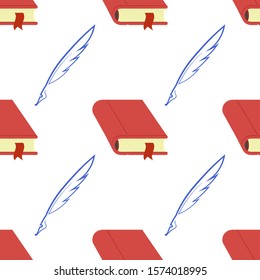 Vector Red Book and Feather Seamless Pattern on White Background.