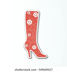 Vector red boot sign with white flowers for the women's shoes collection.